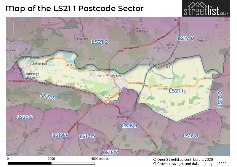 Map of the LS21 1 and surrounding postcode sector