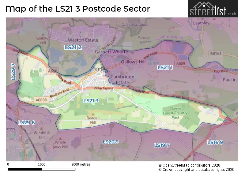 Map of the LS21 3 and surrounding postcode sector