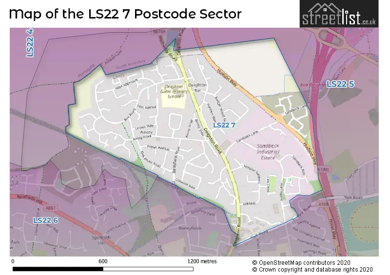 Map of the LS22 7 and surrounding postcode sector