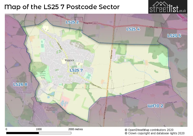 Map of the LS25 7 and surrounding postcode sector