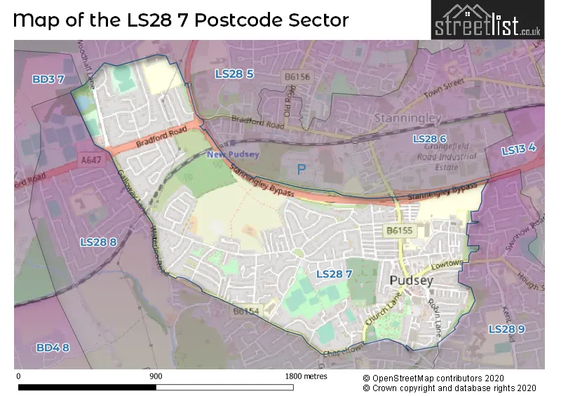 Map of the LS28 7 and surrounding postcode sector