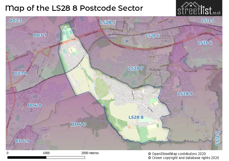 Map of the LS28 8 and surrounding postcode sector