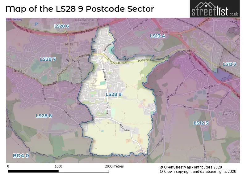 Map of the LS28 9 and surrounding postcode sector