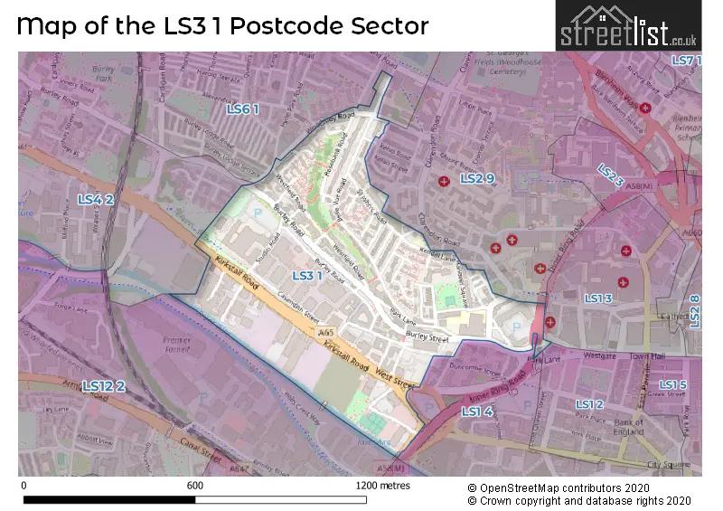Map of the LS3 1 and surrounding postcode sector