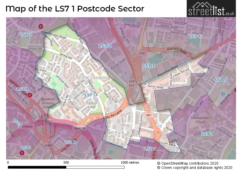Map of the LS7 1 and surrounding postcode sector