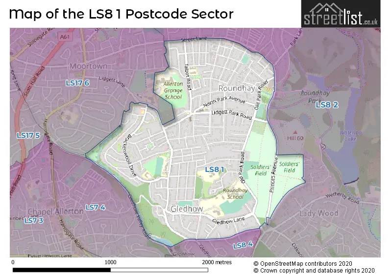 Map of the LS8 1 and surrounding postcode sector