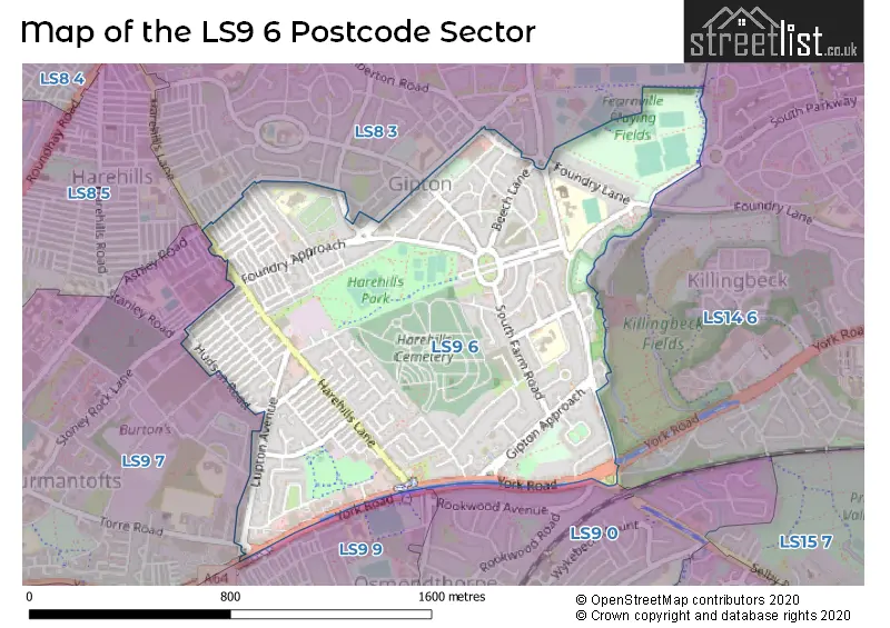 Map of the LS9 6 and surrounding postcode sector