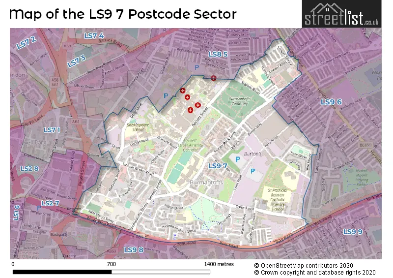 Map of the LS9 7 and surrounding postcode sector