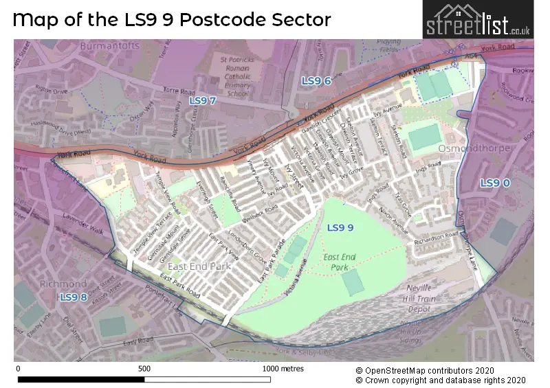 Map of the LS9 9 and surrounding postcode sector