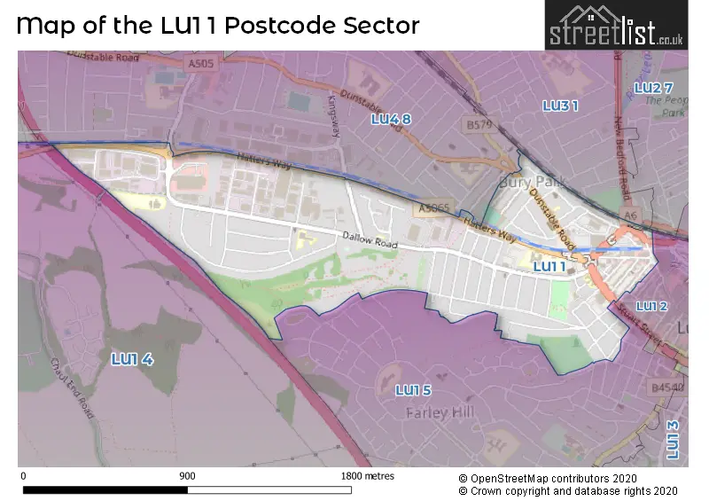 Map of the LU1 1 and surrounding postcode sector