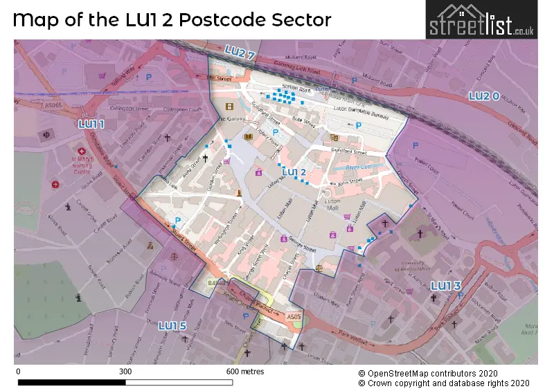 Map of the LU1 2 and surrounding postcode sector
