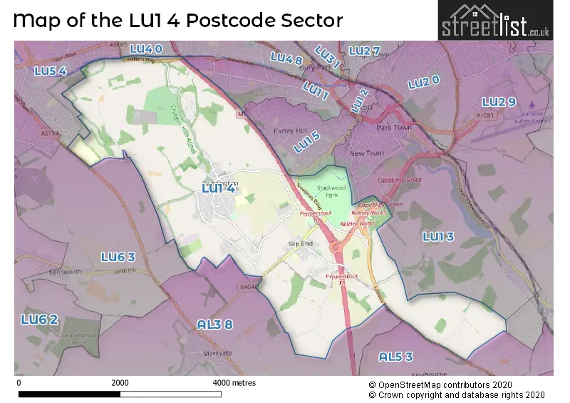 Map of the LU1 4 and surrounding postcode sector