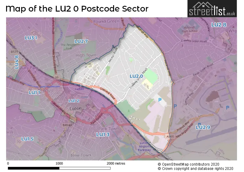 Map of the LU2 0 and surrounding postcode sector