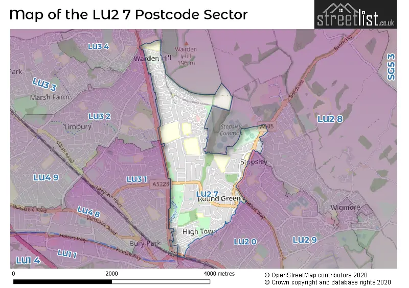Map of the LU2 7 and surrounding postcode sector