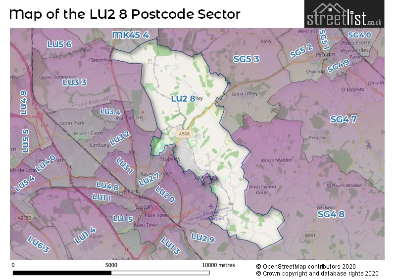 Map of the LU2 8 and surrounding postcode sector