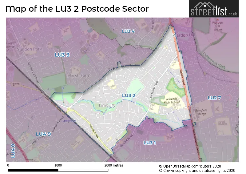 Map of the LU3 2 and surrounding postcode sector