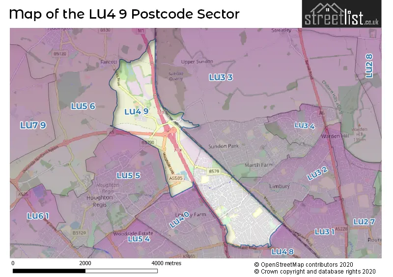Map of the LU4 9 and surrounding postcode sector