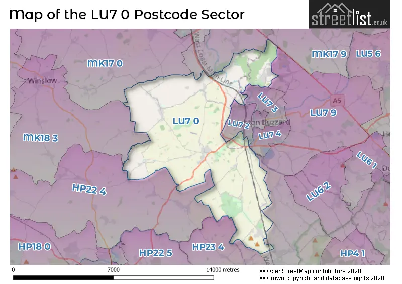 Map of the LU7 0 and surrounding postcode sector