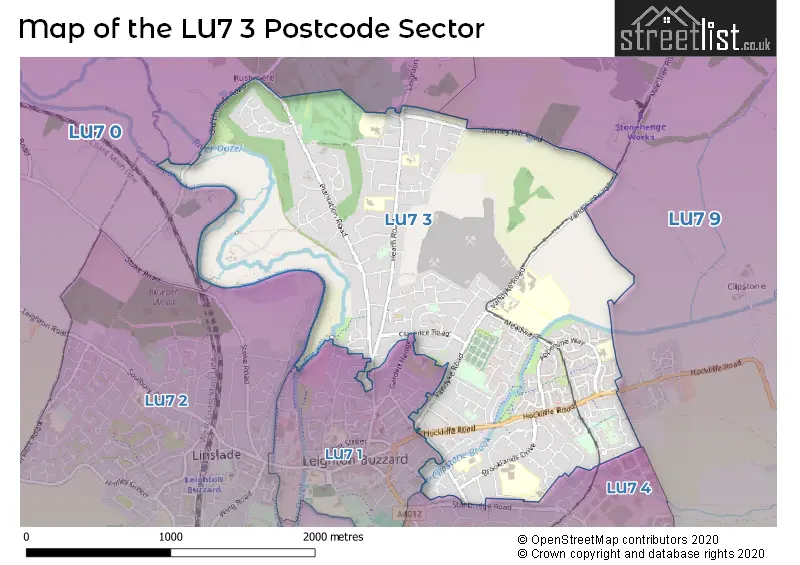 Map of the LU7 3 and surrounding postcode sector
