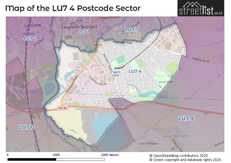 Map of the LU7 4 and surrounding postcode sector