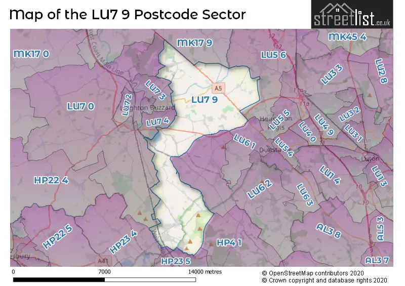 Map of the LU7 9 and surrounding postcode sector