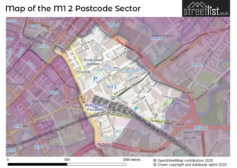 Map of the M1 2 and surrounding postcode sector