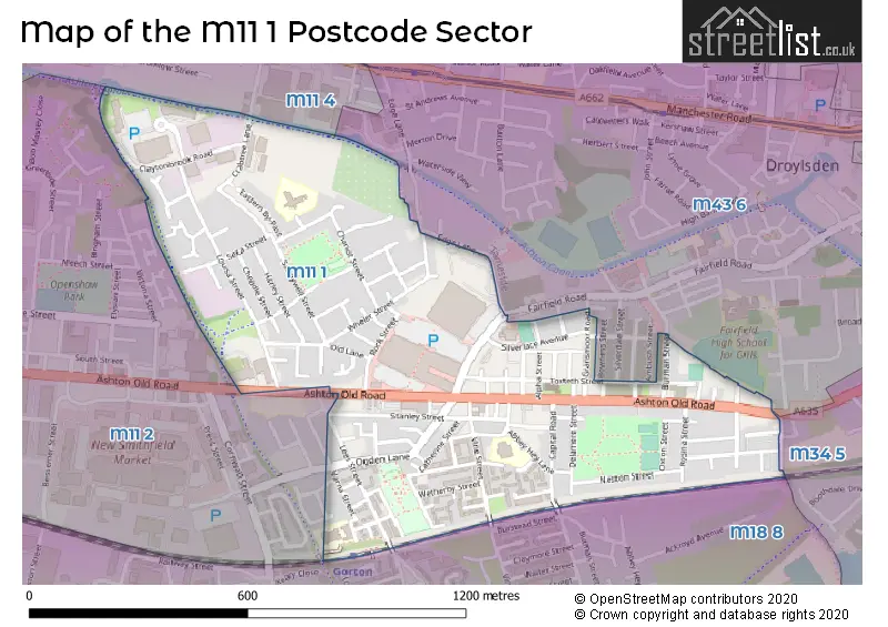 Map of the M11 1 and surrounding postcode sector