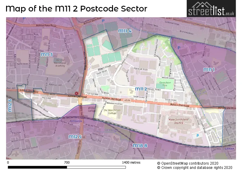 Map of the M11 2 and surrounding postcode sector