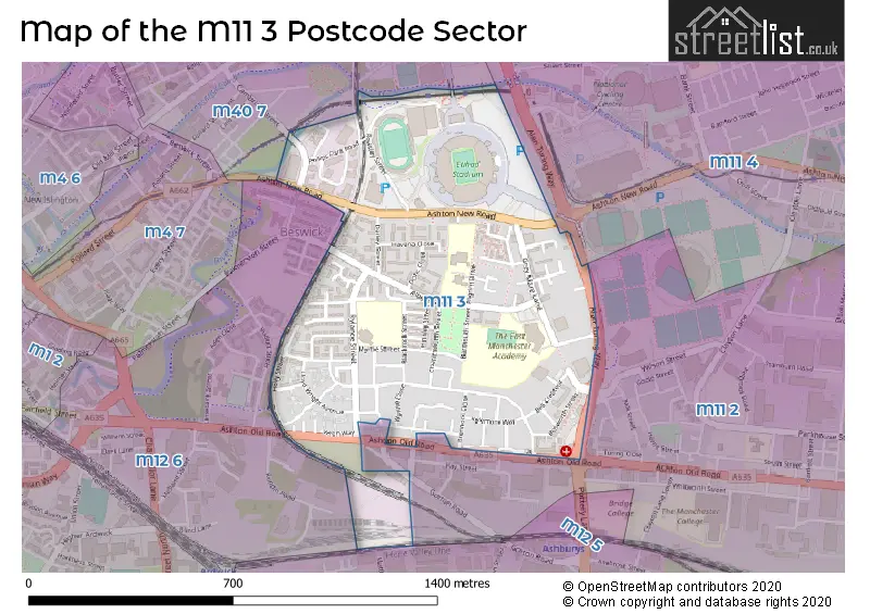Map of the M11 3 and surrounding postcode sector