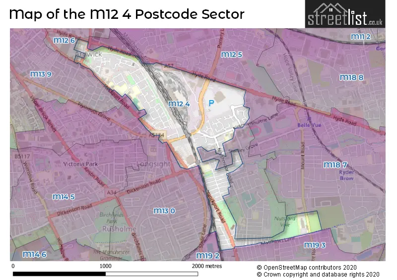Map of the M12 4 and surrounding postcode sector