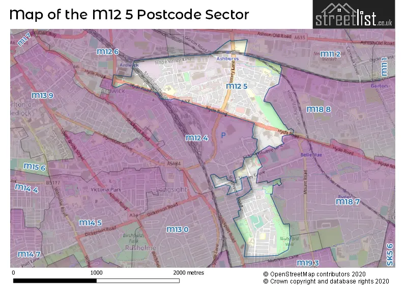 Map of the M12 5 and surrounding postcode sector