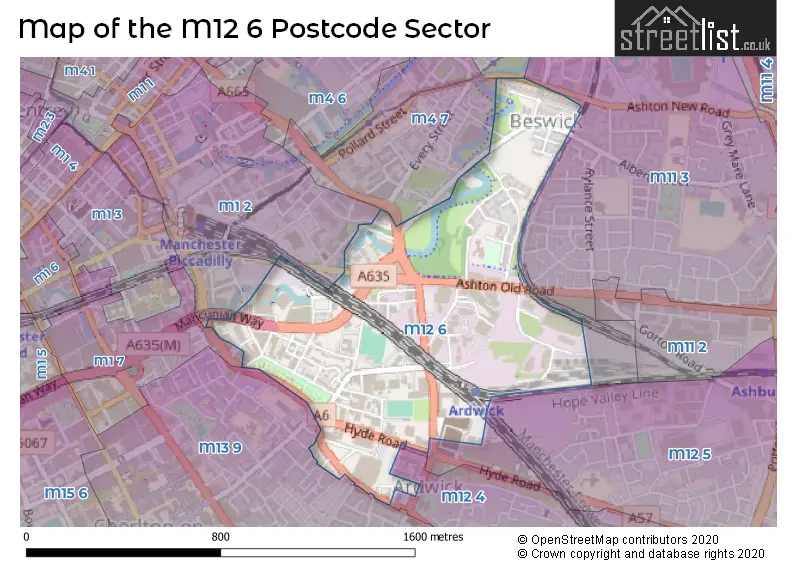 Map of the M12 6 and surrounding postcode sector