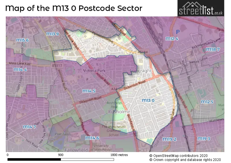 Map of the M13 0 and surrounding postcode sector