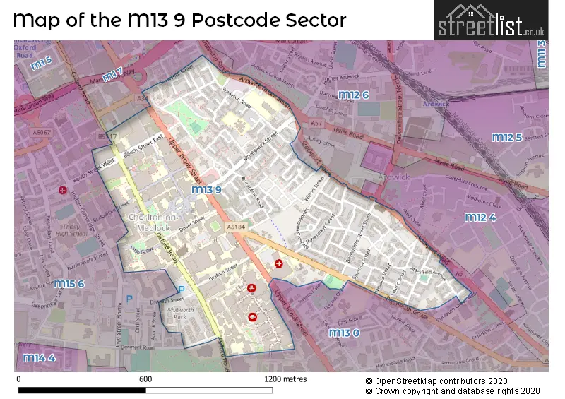 Map of the M13 9 and surrounding postcode sector