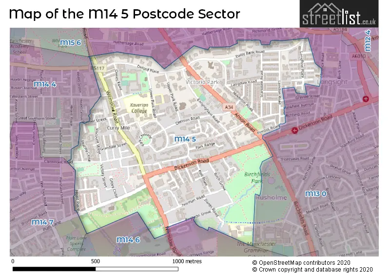 Map of the M14 5 and surrounding postcode sector