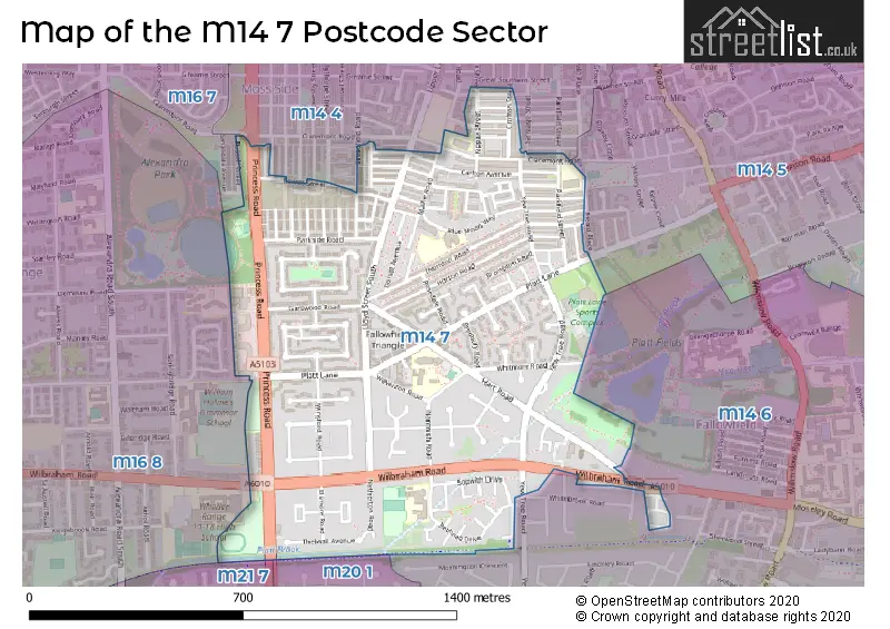 Map of the M14 7 and surrounding postcode sector