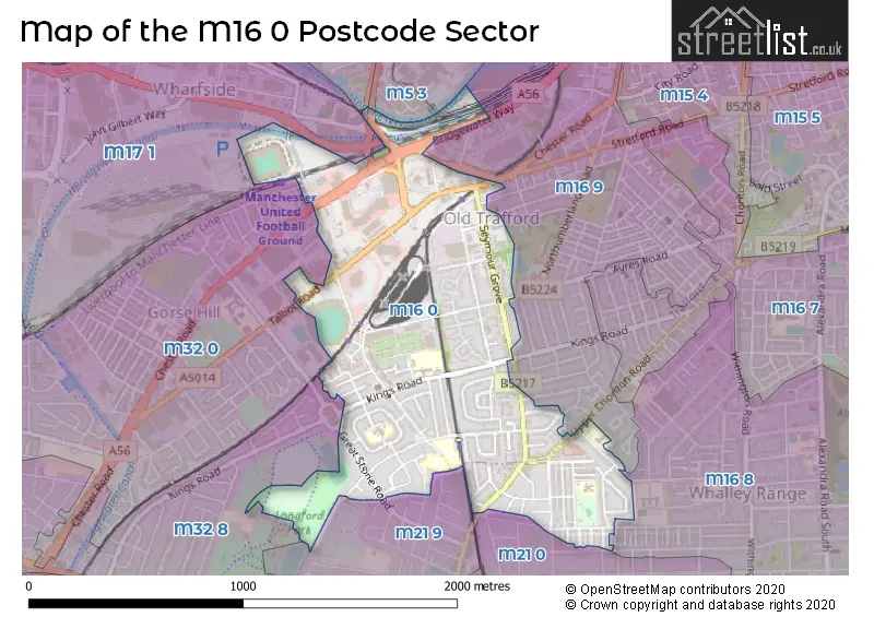 Map of the M16 0 and surrounding postcode sector