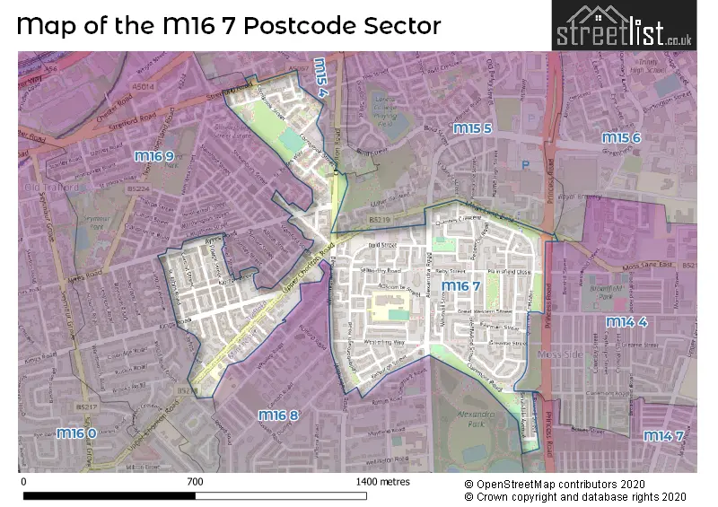 Map of the M16 7 and surrounding postcode sector
