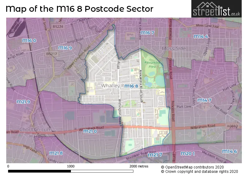 Map of the M16 8 and surrounding postcode sector