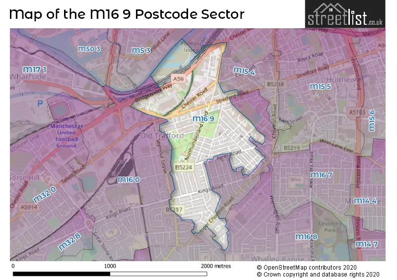 Map of the M16 9 and surrounding postcode sector