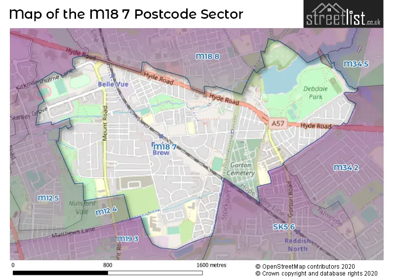 Map of the M18 7 and surrounding postcode sector