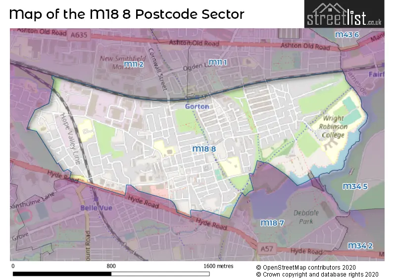 Map of the M18 8 and surrounding postcode sector
