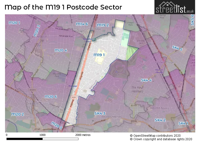 Map of the M19 1 and surrounding postcode sector