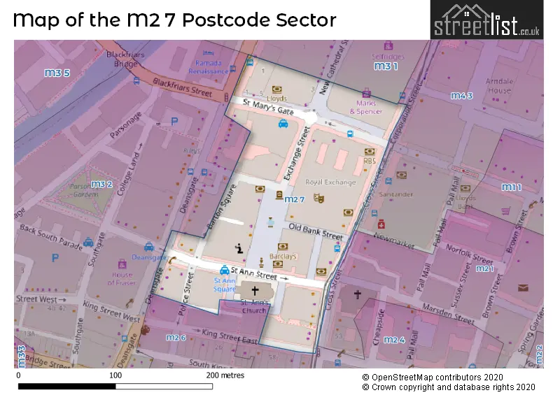 Map of the M2 7 and surrounding postcode sector