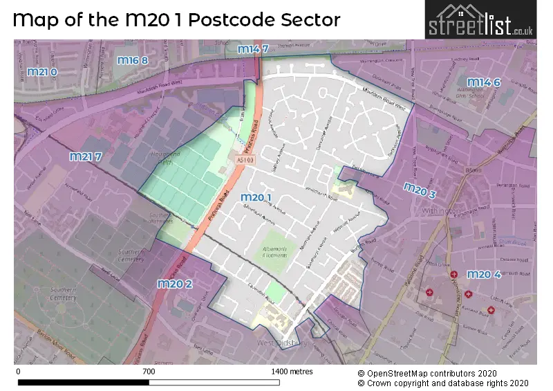 Map of the M20 1 and surrounding postcode sector