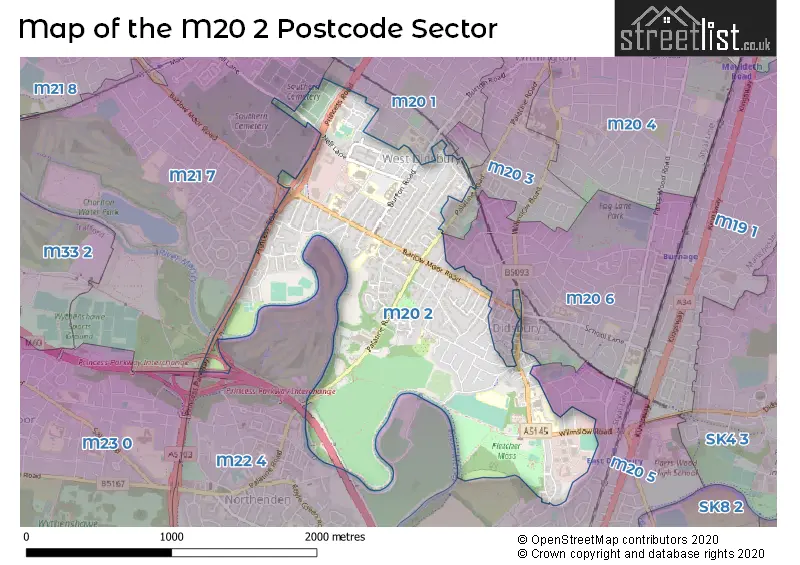 Map of the M20 2 and surrounding postcode sector