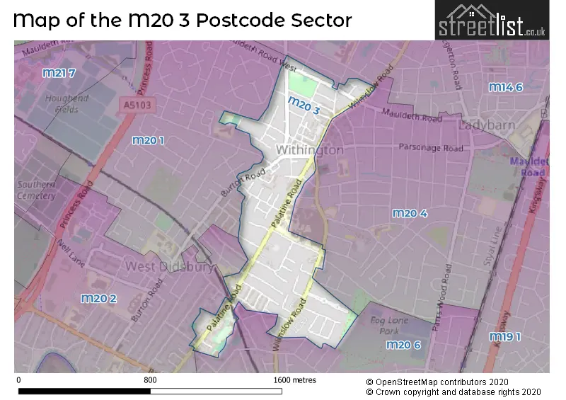 Map of the M20 3 and surrounding postcode sector