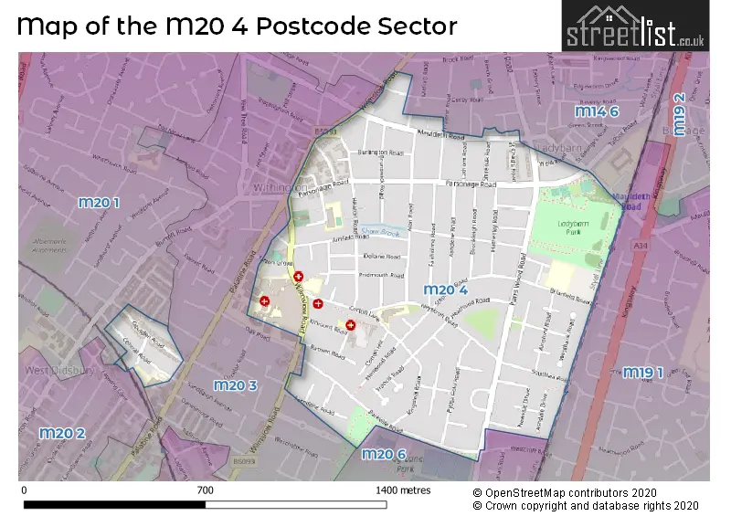 Map of the M20 4 and surrounding postcode sector