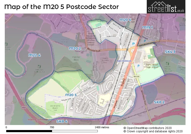 Map of the M20 5 and surrounding postcode sector
