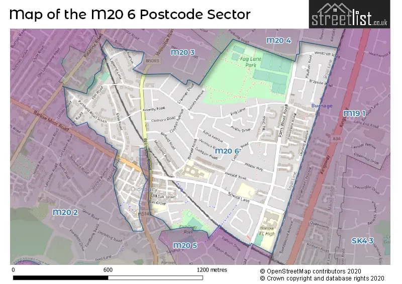 Map of the M20 6 and surrounding postcode sector